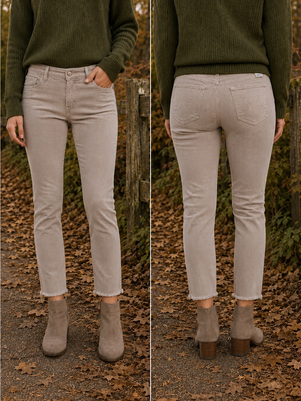 MOTHER The Looker Ankle Fray Hopscotch Corduroy Pants, Khaki Stretch Skinny, 28